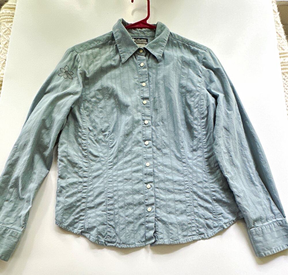 Columbia Womens Woven Cotton Embroidered Button Up Collared Shirt Blue L Floral